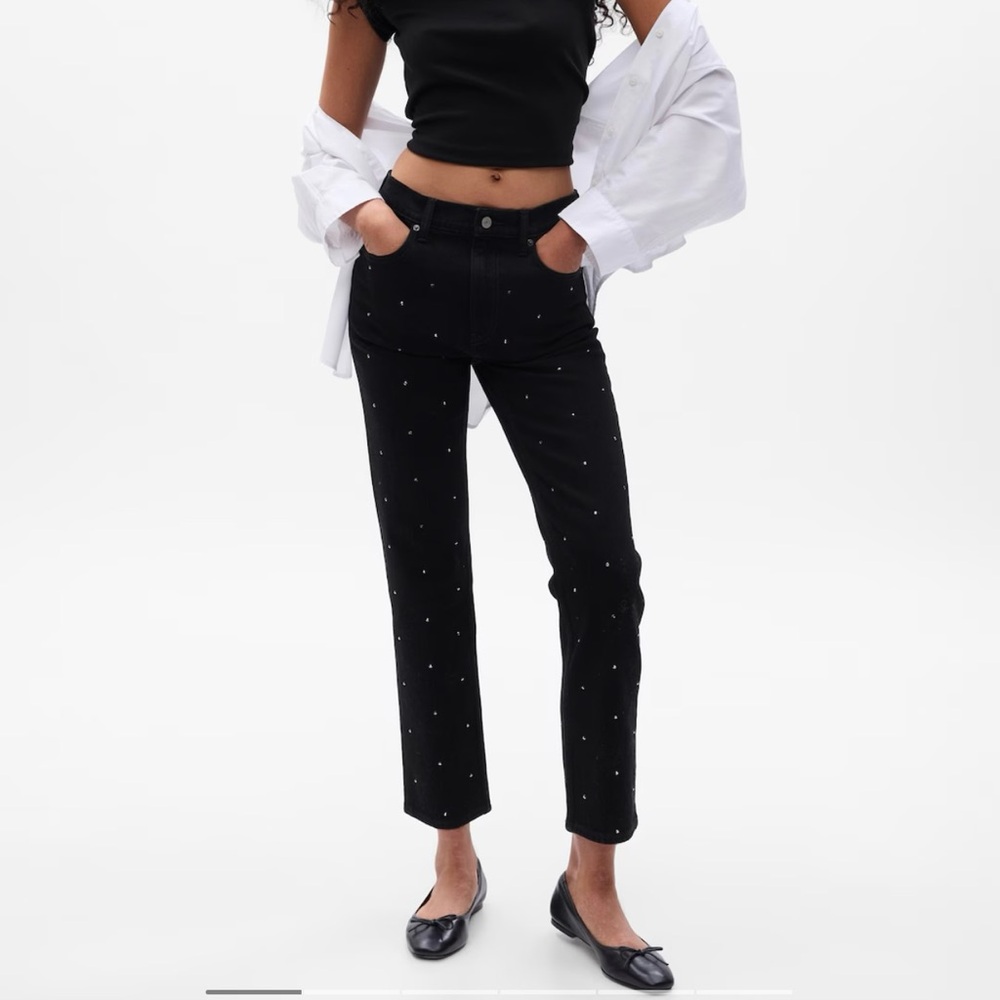 High Rise Rhinestone Cheeky Straight Jeans (NWT)